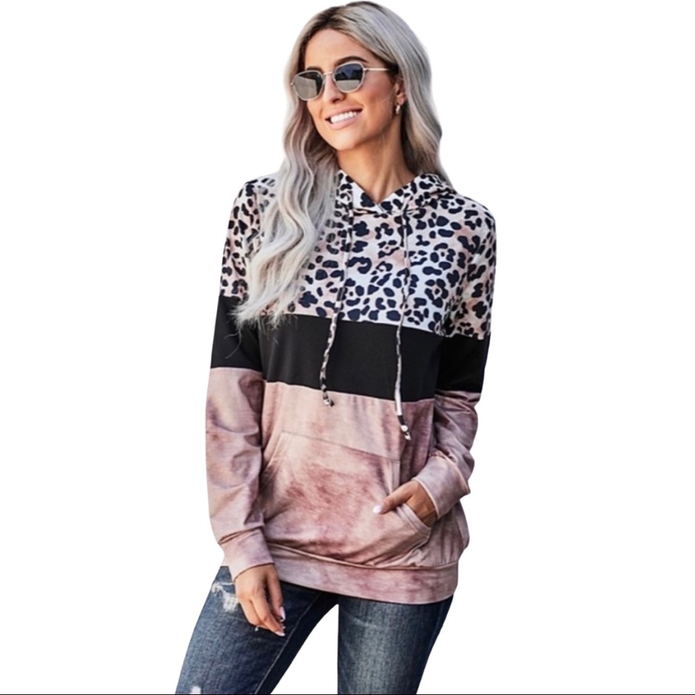Pink & Black Color Block Leopard Print Hoodie